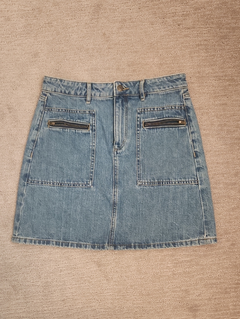 LOFT Light Blue Denim Mini Skirt with Front Zip Pockets